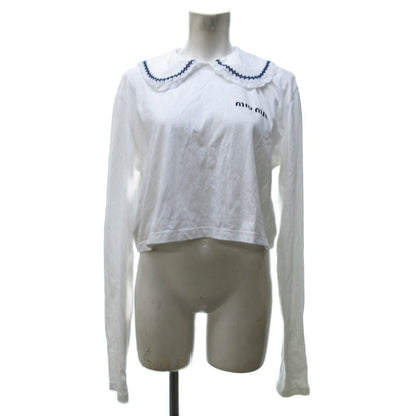 Miu Miu Embroidery Lace Top Long Sleeve Cropped Length Logo Print White