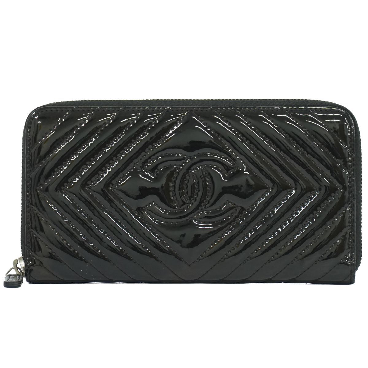 Chanel V-stitch Chevron CC Logo Round Zip Wallet Patent Leather Black