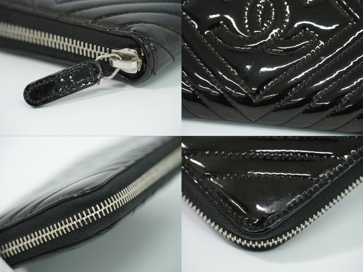 Chanel V-stitch Chevron CC Logo Round Zip Wallet Patent Leather Black — view 6
