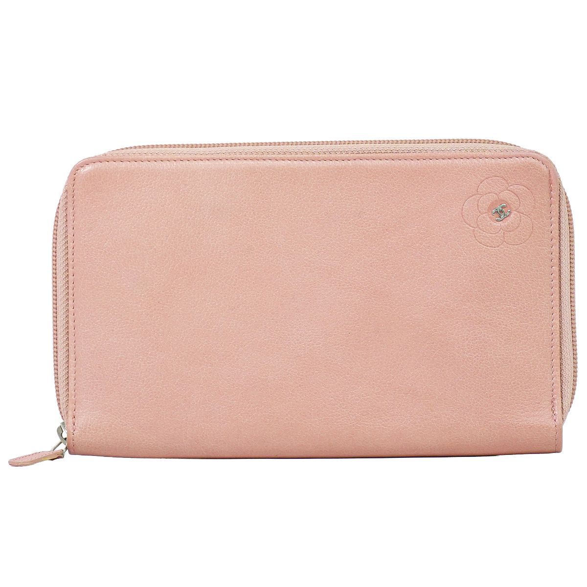 Chanel Camelia CC Logo Zip Around Wallet Leather Pink