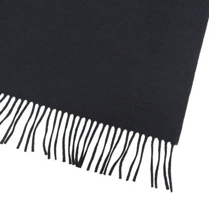 Hermes Cashmere 100% Logo Embroidery Large Shawl Scarf with Fringes Black — view 6