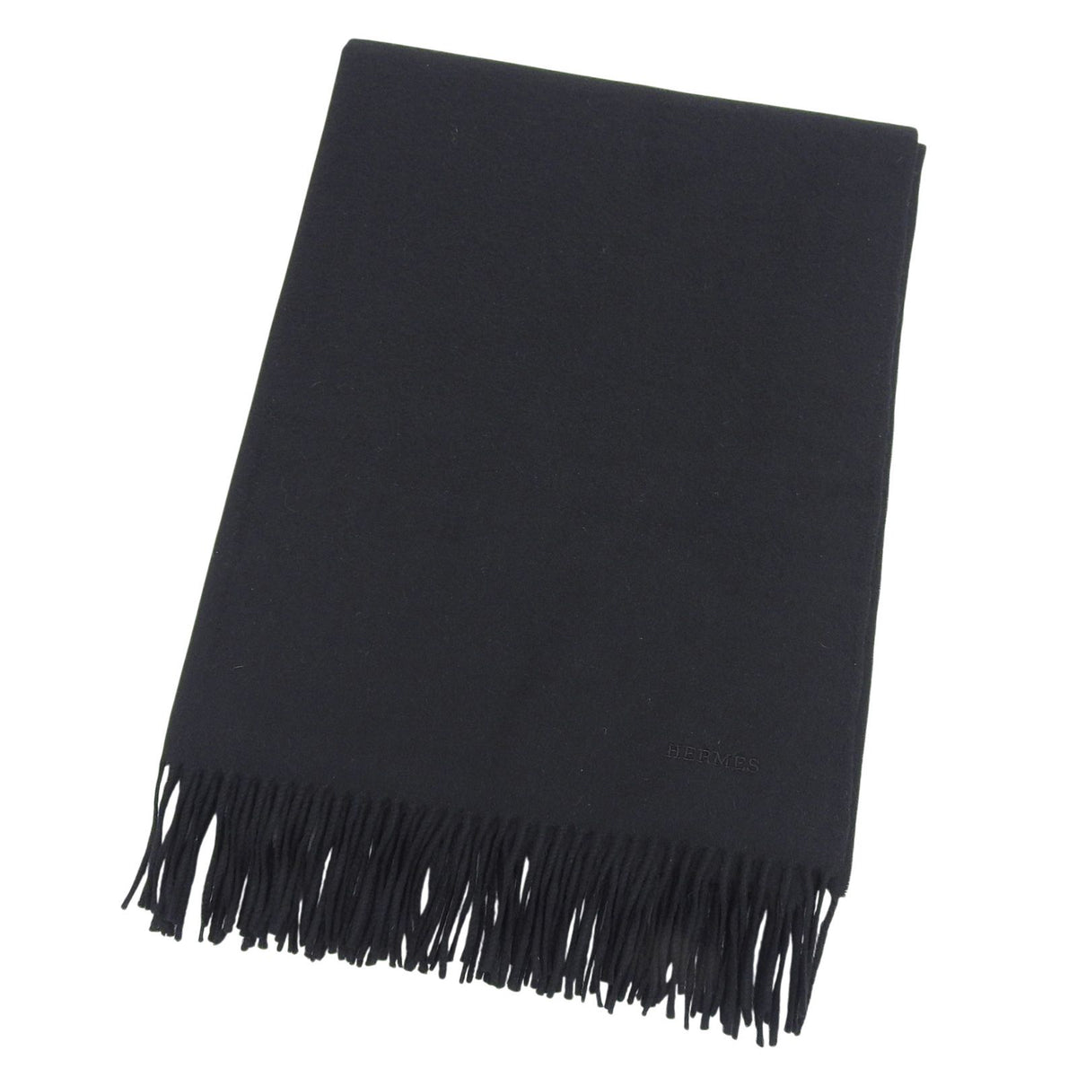 Hermes Cashmere 100% Logo Embroidery Large Shawl Scarf with Fringes Black