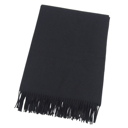 Hermes Cashmere 100% Logo Embroidery Large Shawl Scarf with Fringes Black