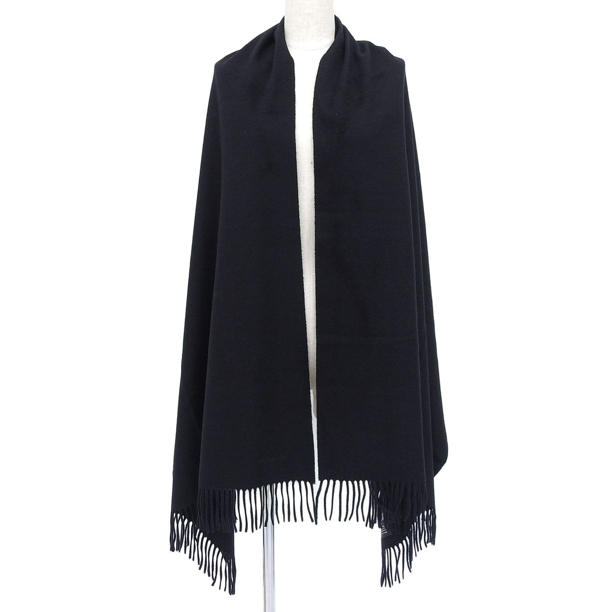 Hermes Cashmere 100% Logo Embroidery Large Shawl Scarf with Fringes Black — view 2