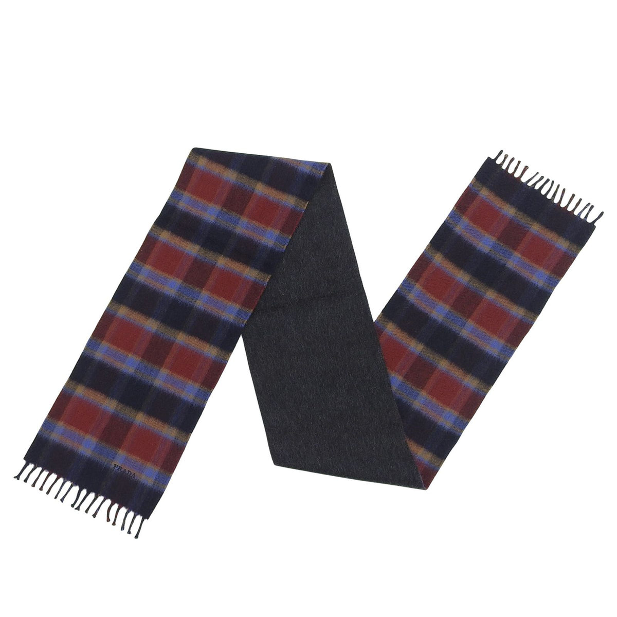 Prada Cashmere 100% Plaid Logo Embroidery Scarf with Fringe Multi TU — view 6