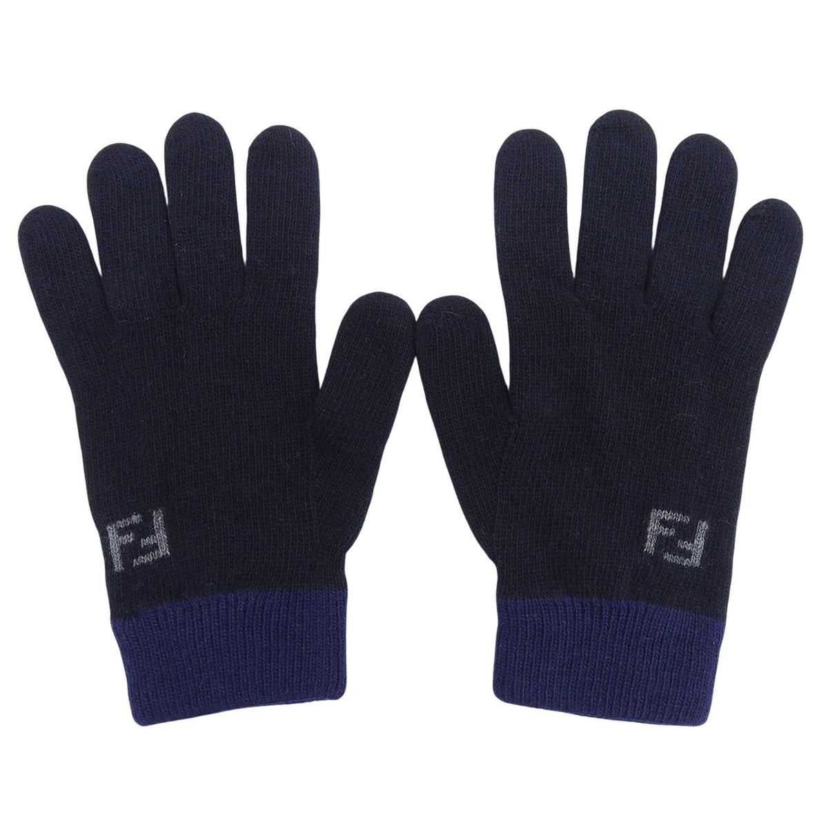 Fendi Wool Cashmere Blend FF Logo Knit Gloves Navy TU — view 2