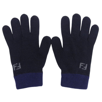 Fendi Wool Cashmere Blend FF Logo Knit Gloves Navy TU — view 2