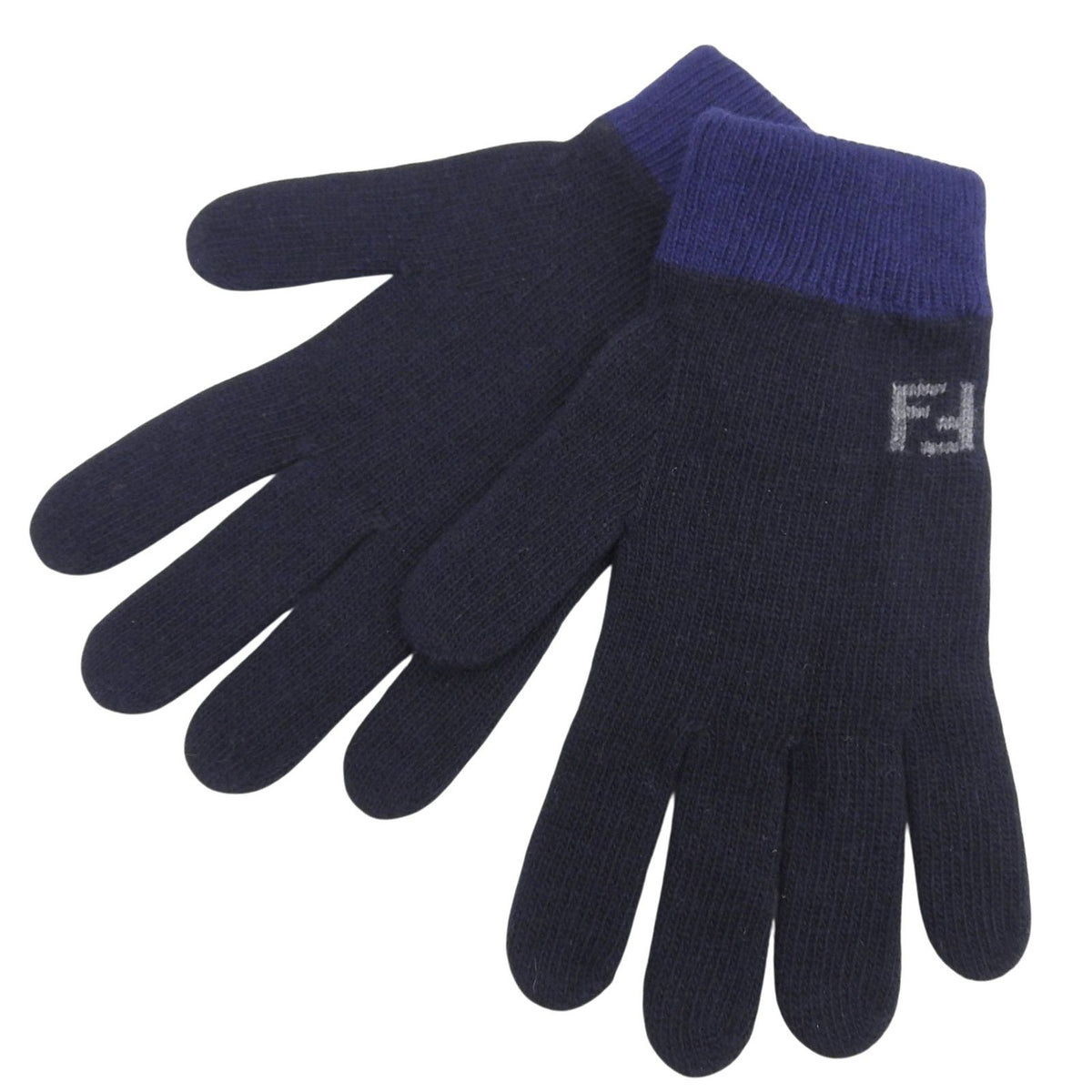 Fendi Wool Cashmere Blend FF Logo Knit Gloves Navy TU