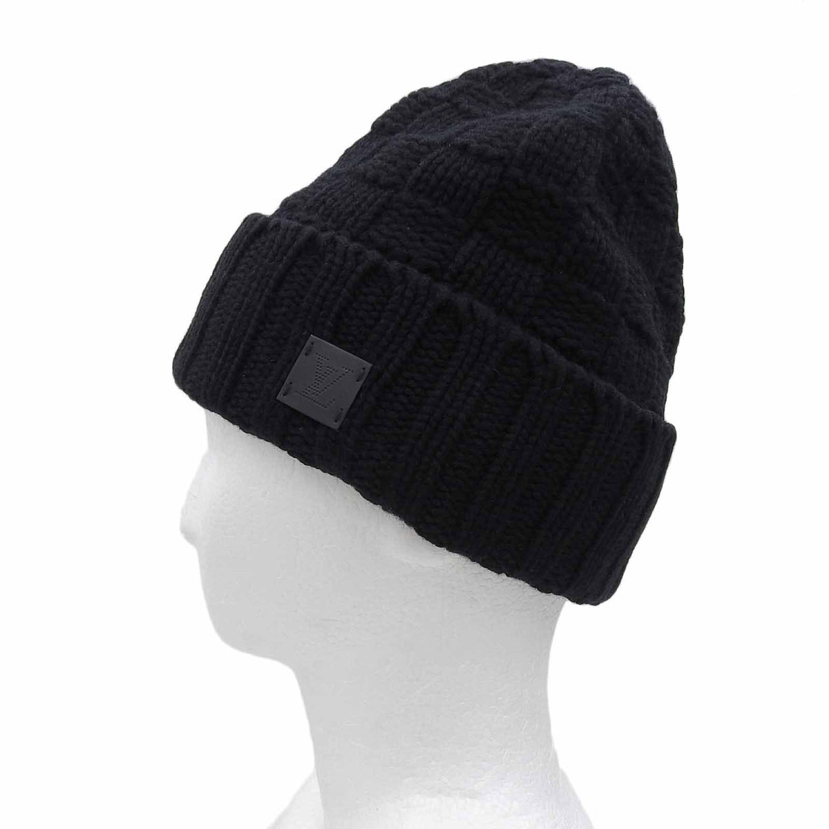 Louis Vuitton Helsinki Cashmere 100% Cowhide Leather Patch Hat Knit Cap Black — view 2