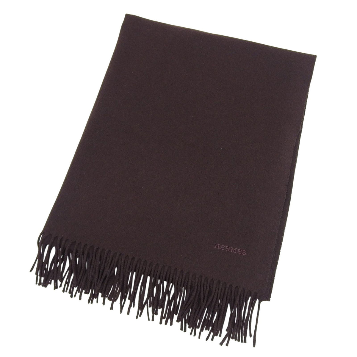 Hermes Cashmere 100% Logo Embroidery Large Shawl Scarf with Fringe Brown