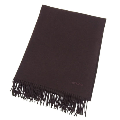Hermes Cashmere 100% Logo Embroidery Large Shawl Scarf with Fringe Brown