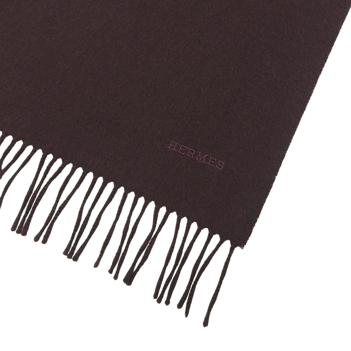Hermes Cashmere 100% Logo Embroidery Large Shawl Scarf with Fringe Brown — view 6