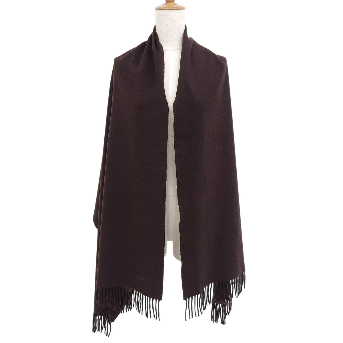 Hermes Cashmere 100% Logo Embroidery Large Shawl Scarf with Fringe Brown — view 2