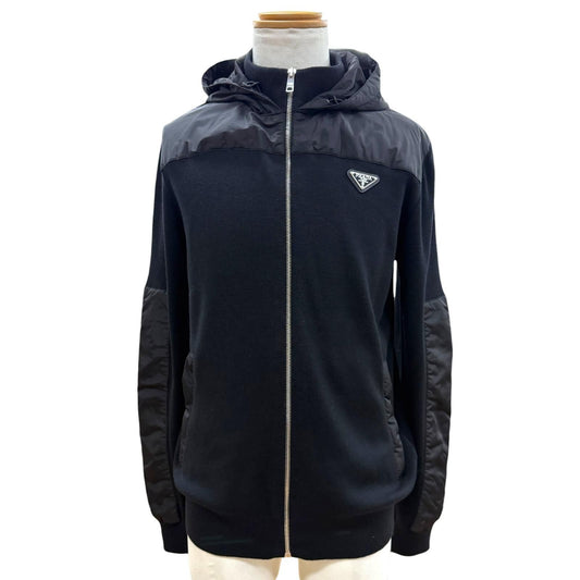 Prada Wool 100% Triangle Logo Plate Zipup Knit Nylon Jacket Hoodie 52
