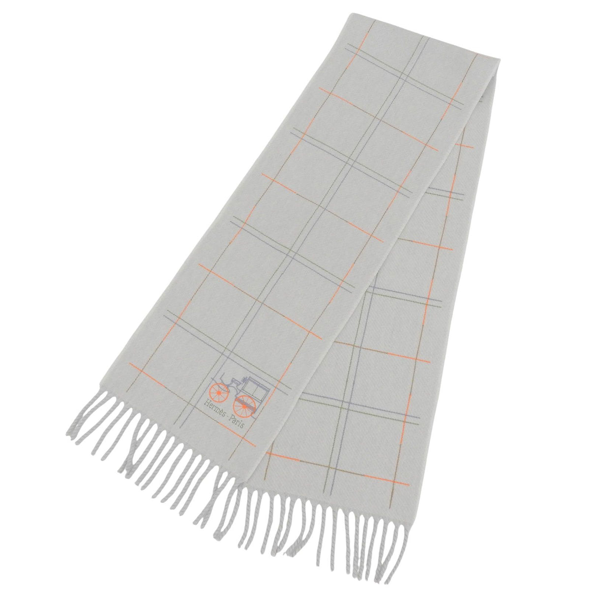 Hermes Cashmere 100% Logo Embroidery Scarf with Fringe Light Gray — view 3