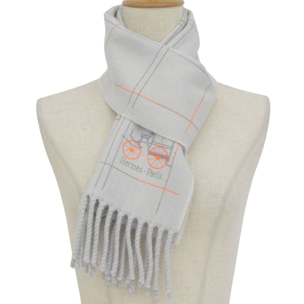 Hermes Cashmere 100% Logo Embroidery Scarf with Fringe Light Gray — view 2