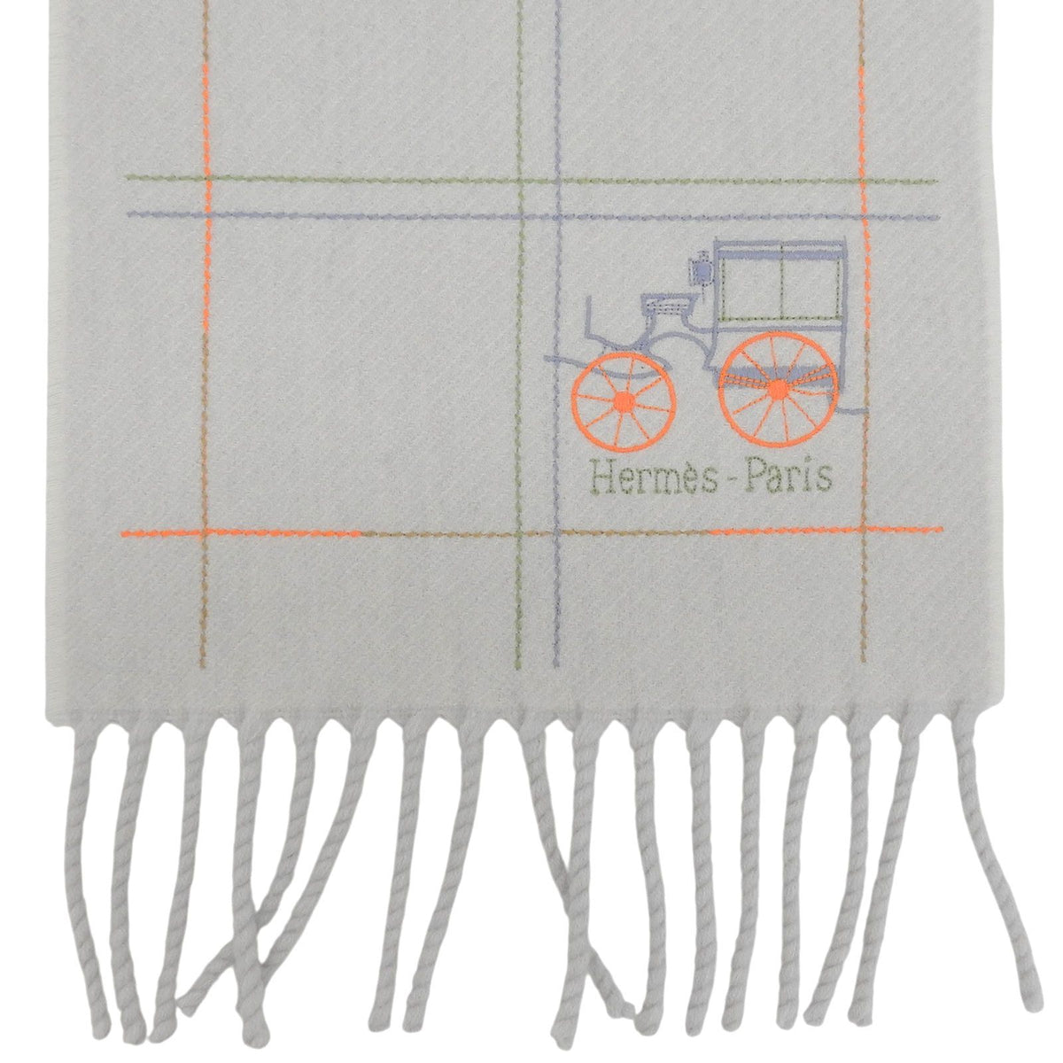 Hermes Cashmere 100% Logo Embroidery Scarf with Fringe Light Gray — view 4