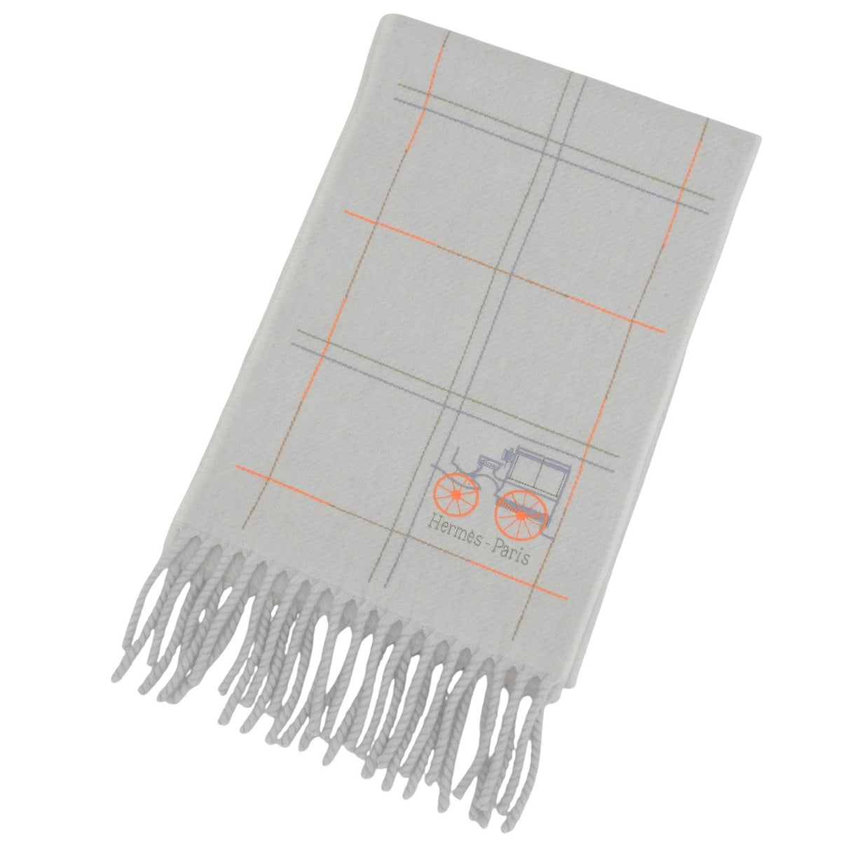 Hermes Cashmere 100% Logo Embroidery Scarf with Fringe Light Gray