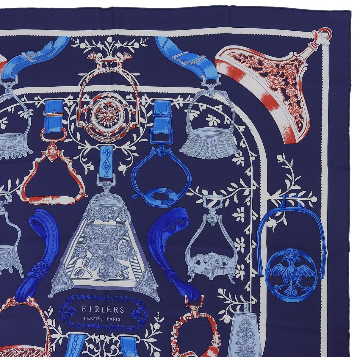 Hermes Etriers Carre 90 Silk 100% Scarf Navy Blue Red — view 4