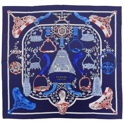 Hermes Etriers Carre 90 Silk 100% Scarf Navy Blue Red