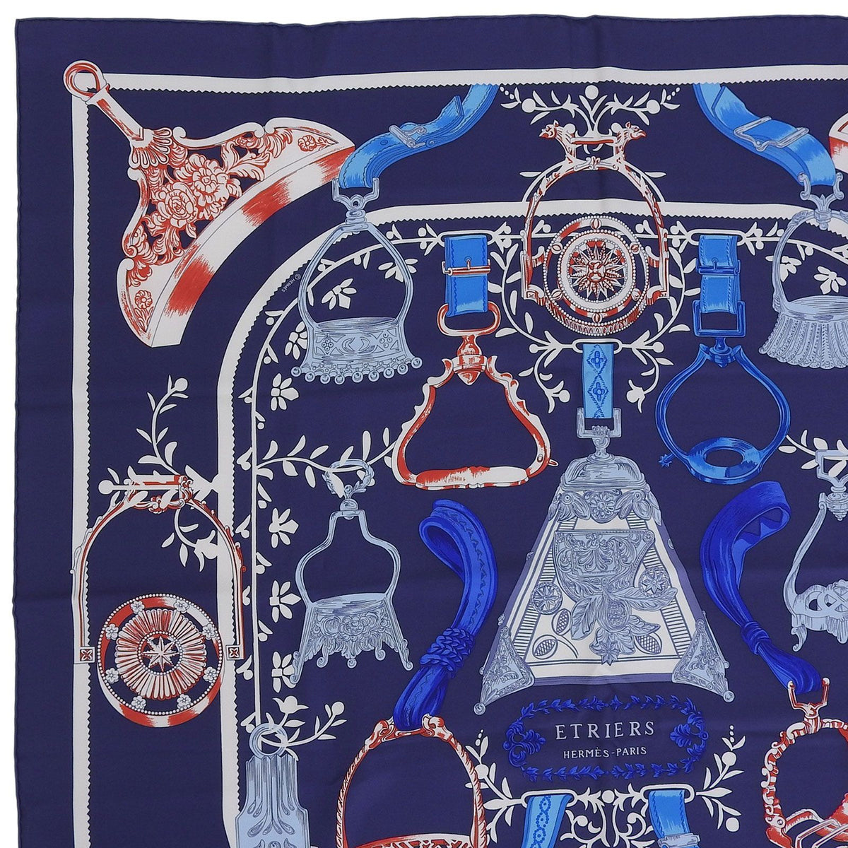 Hermes Etriers Carre 90 Silk 100% Scarf Navy Blue Red — view 3