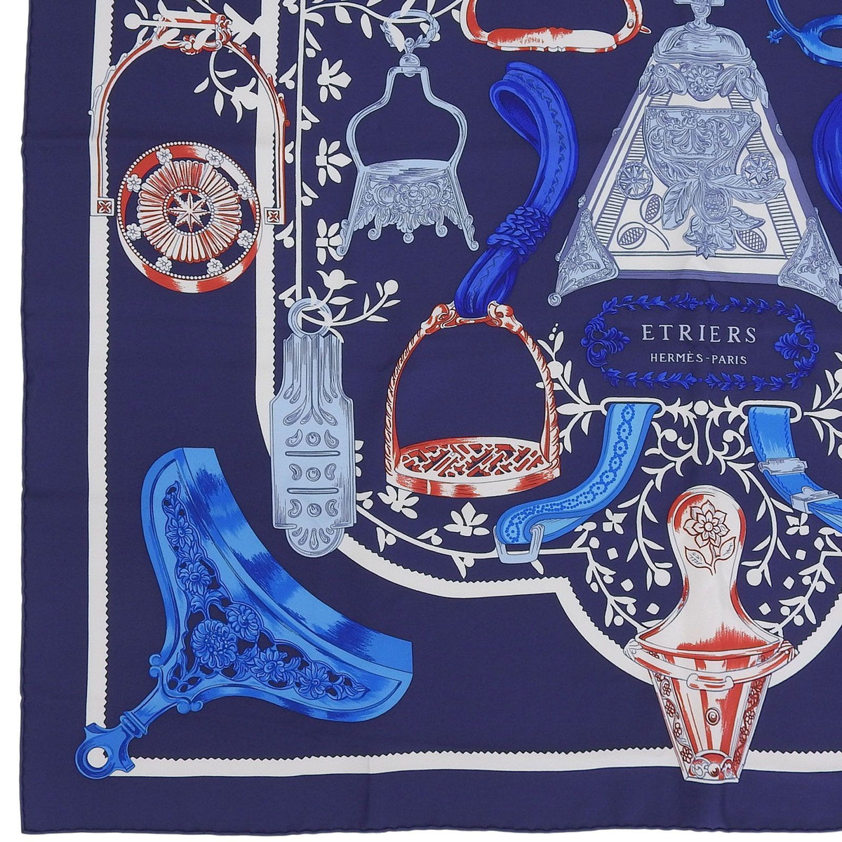 Hermes Etriers Carre 90 Silk 100% Scarf Navy Blue Red — view 6