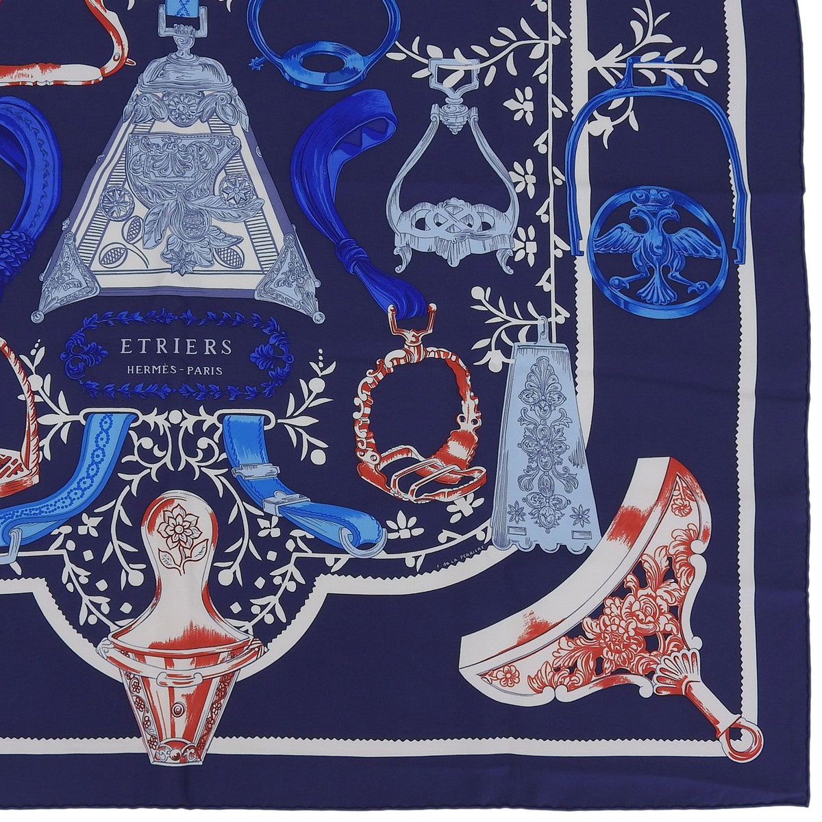 Hermes Etriers Carre 90 Silk 100% Scarf Navy Blue Red — view 5