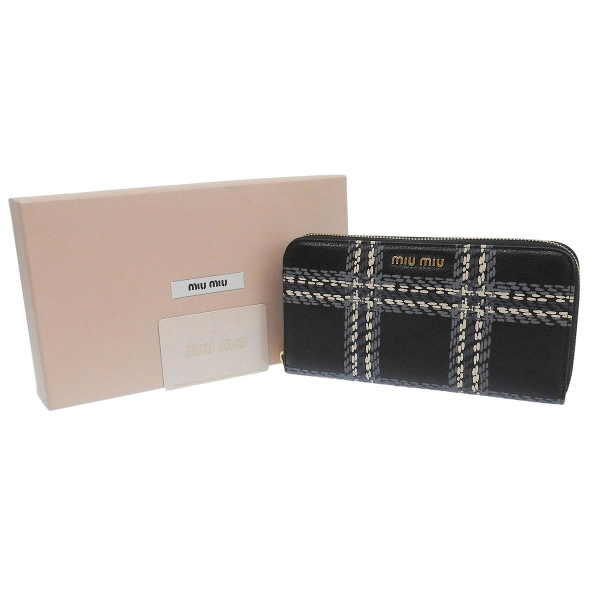 Miu Miu Madras ST Check Leather Zip Around Wallet Black Gray Pink — view 2