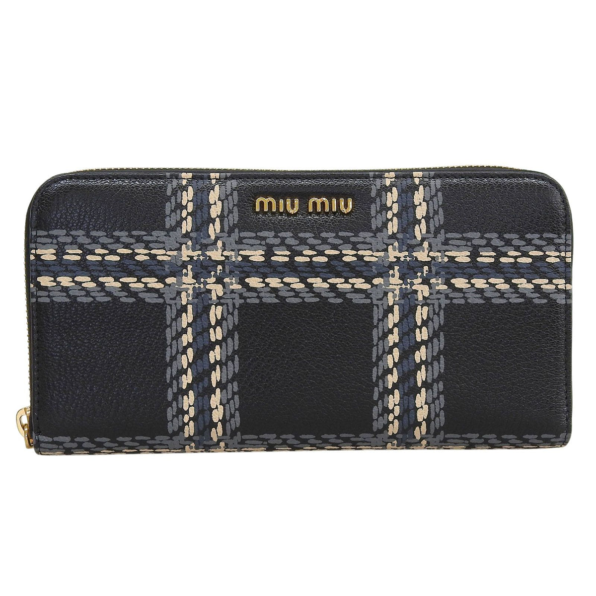 Miu Miu Madras ST Check Leather Zip Around Wallet Black Gray Pink