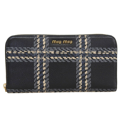 Miu Miu Madras ST Check Leather Zip Around Wallet Black Gray Pink