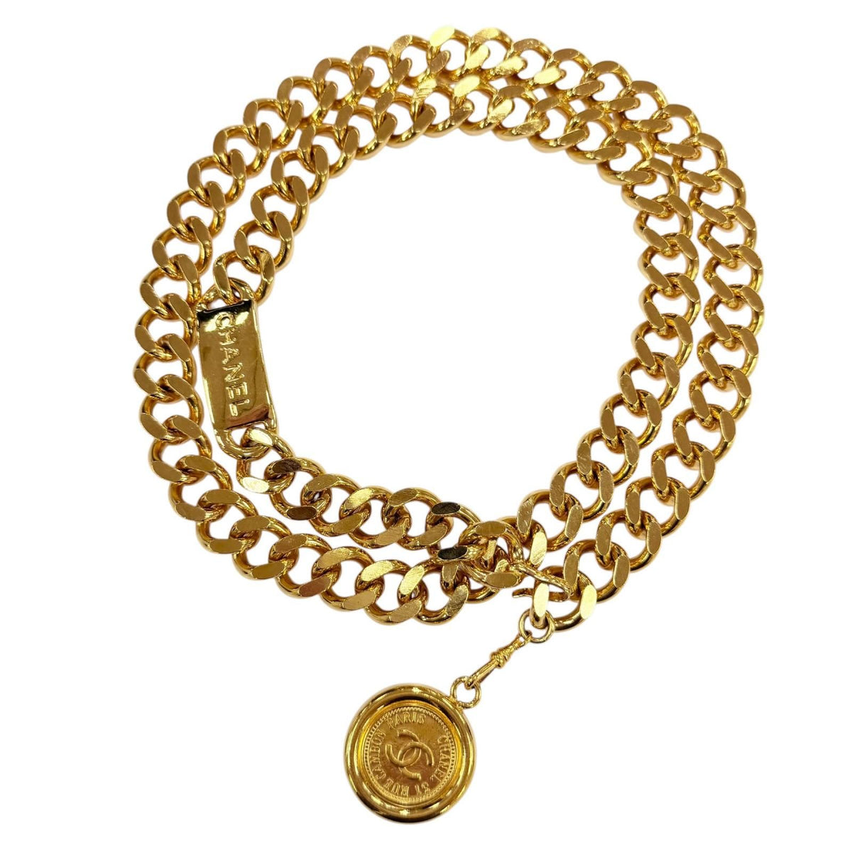 Chanel Vintage 93A Metal Logo Plate CC Coin Chain Belt Gold
