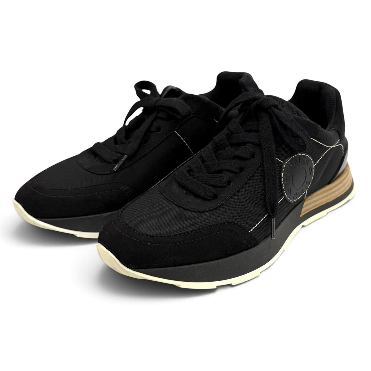 Hermes Drive Leather Logo Patch Lace-up Sneakers Black