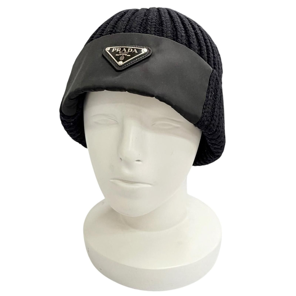 Prada Wool Triangle Logo Knit Cap Black Silver Hat — view 2