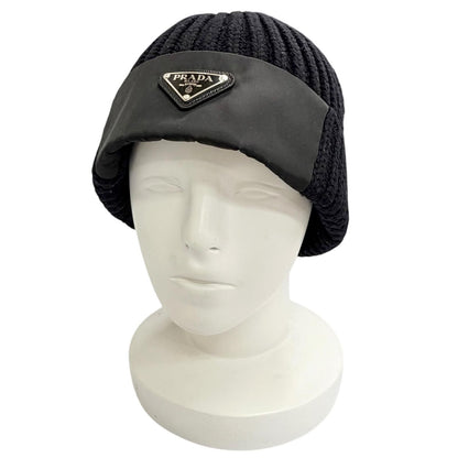 Prada Wool Triangle Logo Knit Cap Black Silver Hat — view 2