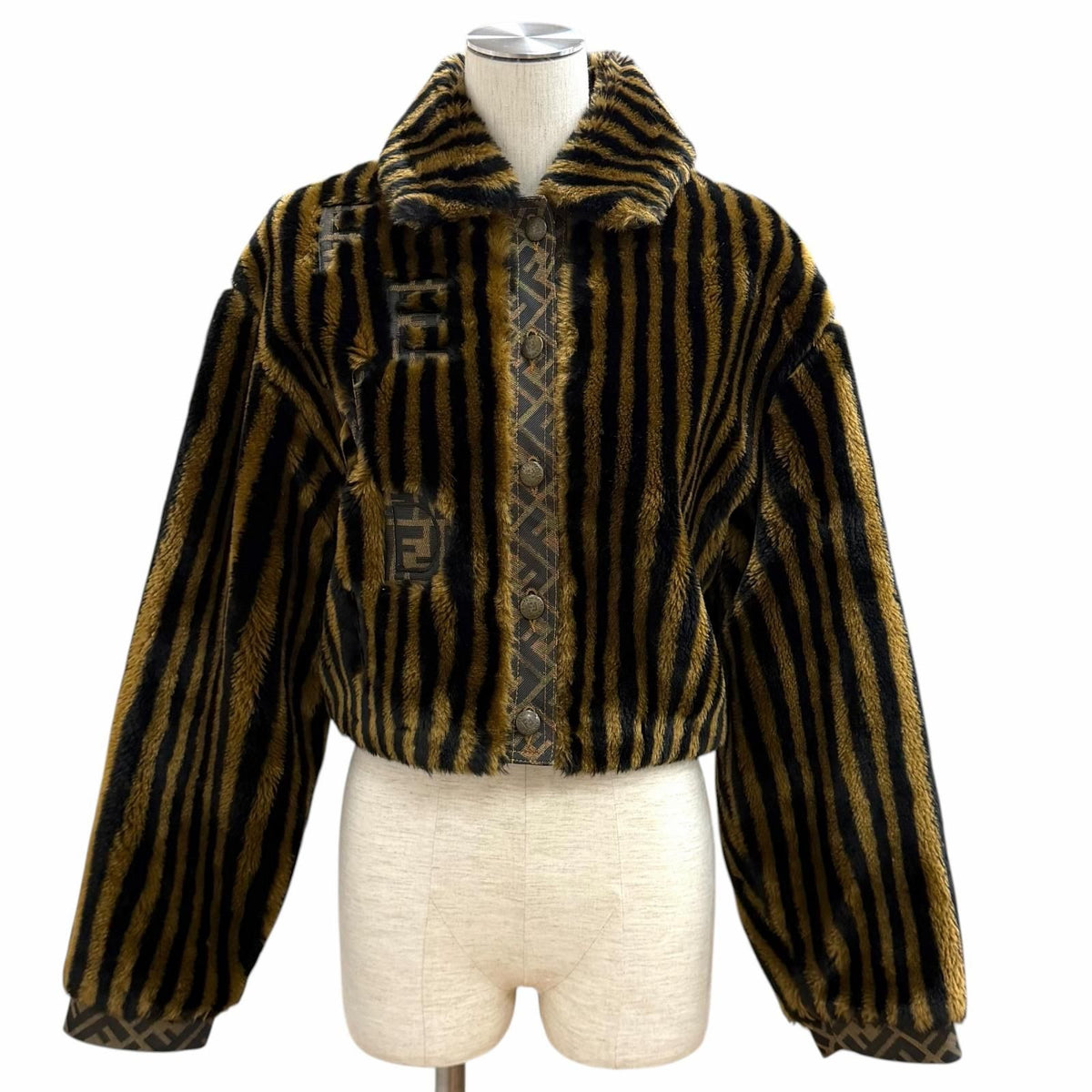 Fendi Jeans Vintage Pecan Zucca Pattern Cropped Faux Fur Jacket Brown Black 42