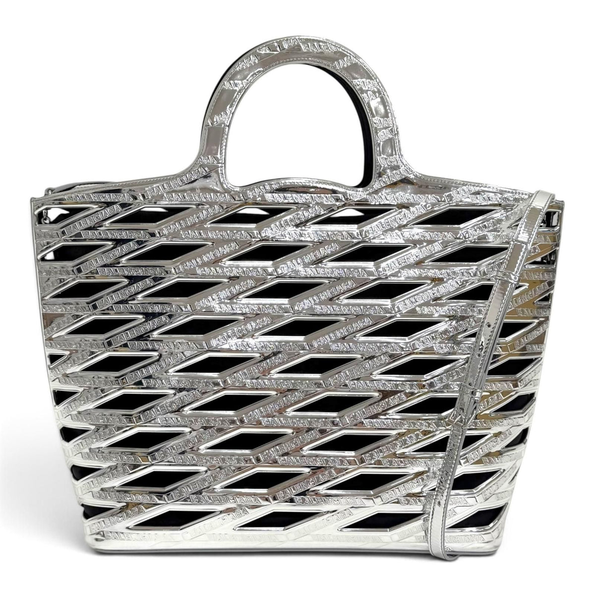 Balenciaga Neo Basket Logo 2-Way Tote Shoulder Bag Silver Black