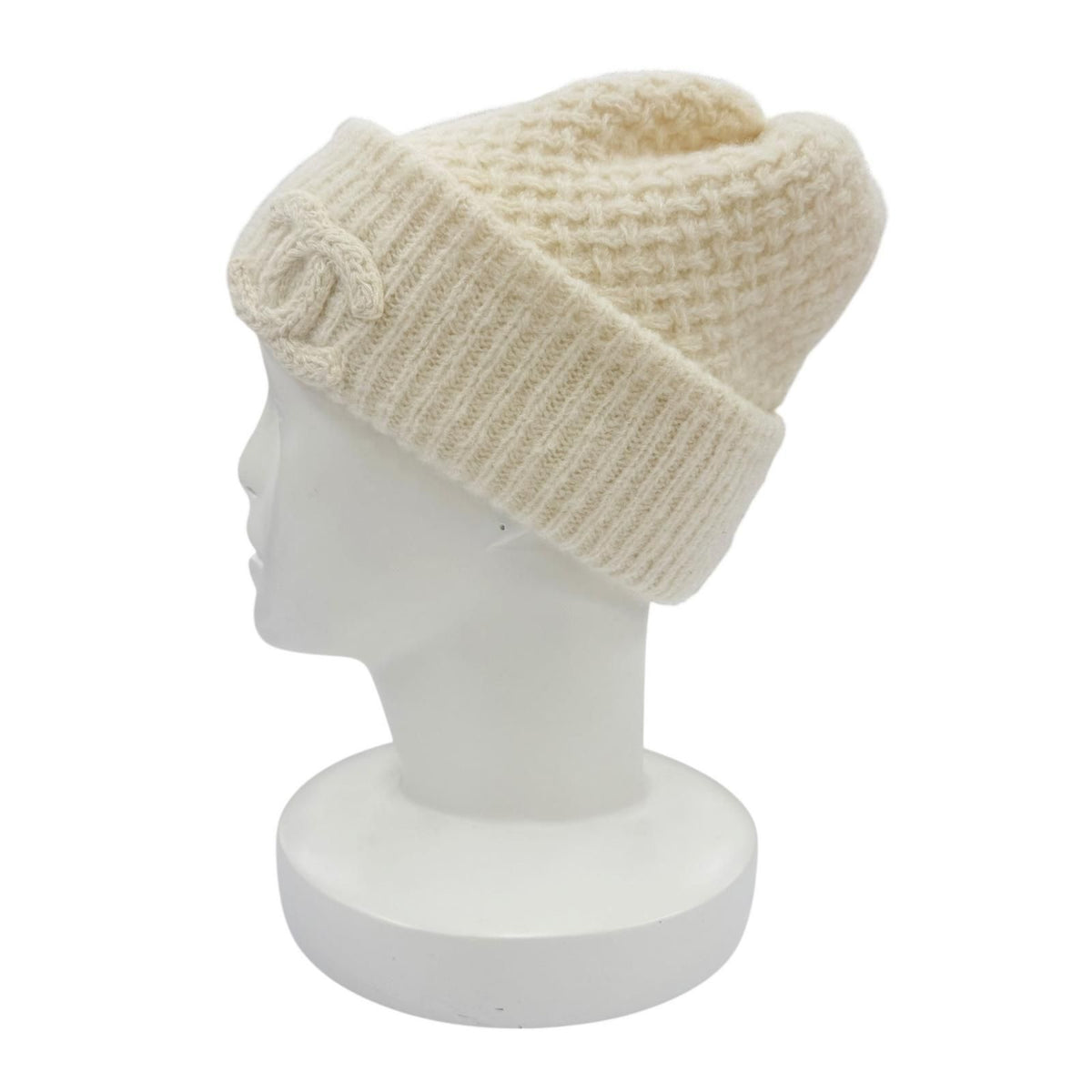 Chanel Cashmere Silk CC Logo Embroidery Beanie Knit Cap Ivory Hat — view 2