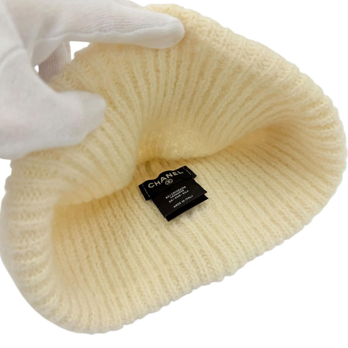 Chanel Cashmere Silk CC Logo Embroidery Beanie Knit Cap Ivory Hat — view 5