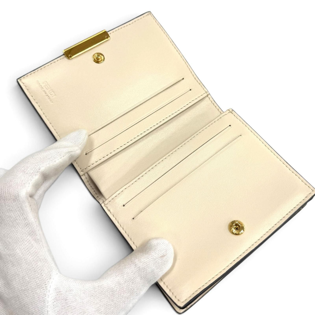 Fendi FF Lining Pecan Leather Small Wallet Bifold Beige Gold — view 6