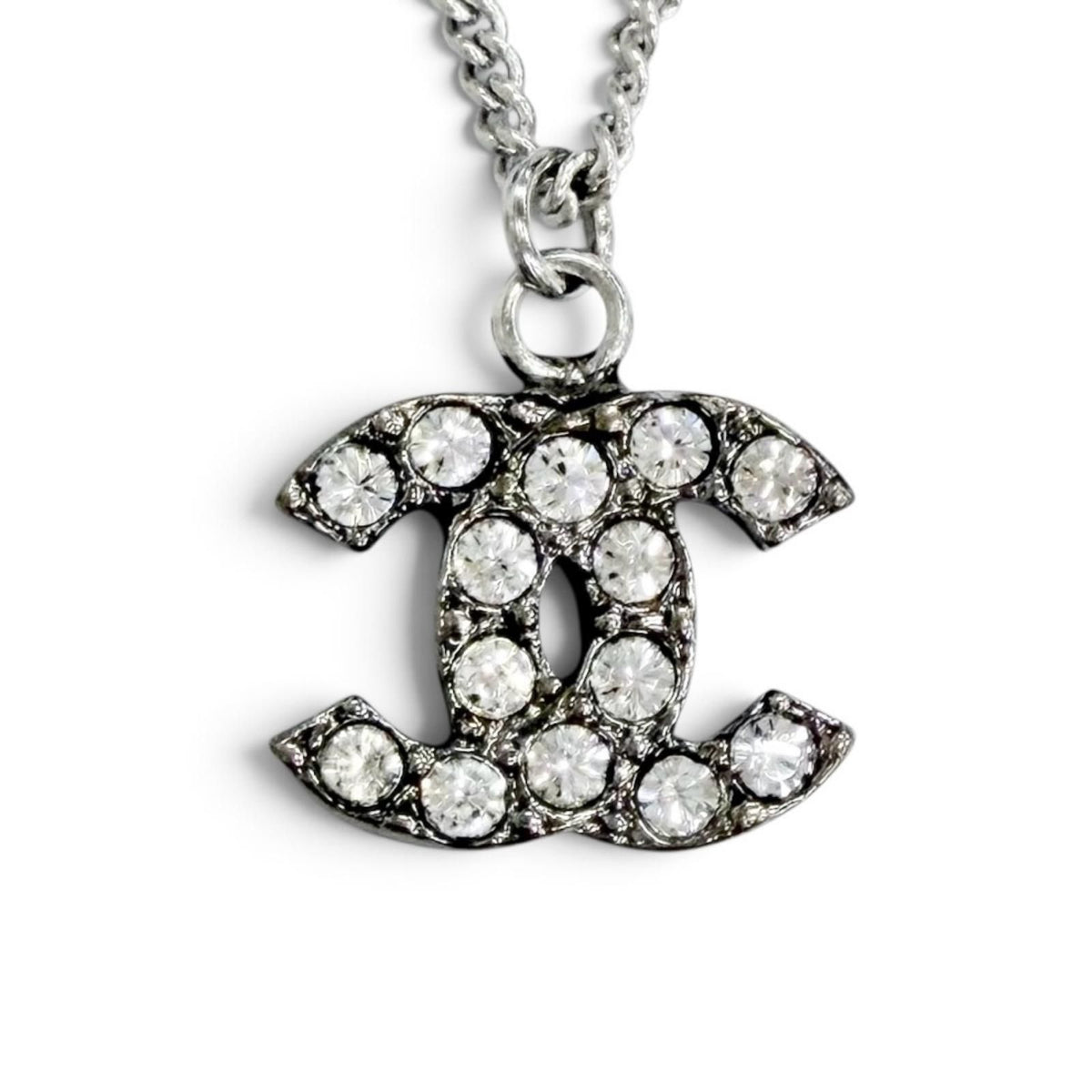 Chanel Vintage 06P CC Logo Rhinestone Necklace Silver