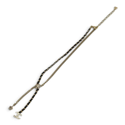 Chanel CC Logo Leather Star Clover Chain Necklace Gold Black — view 5