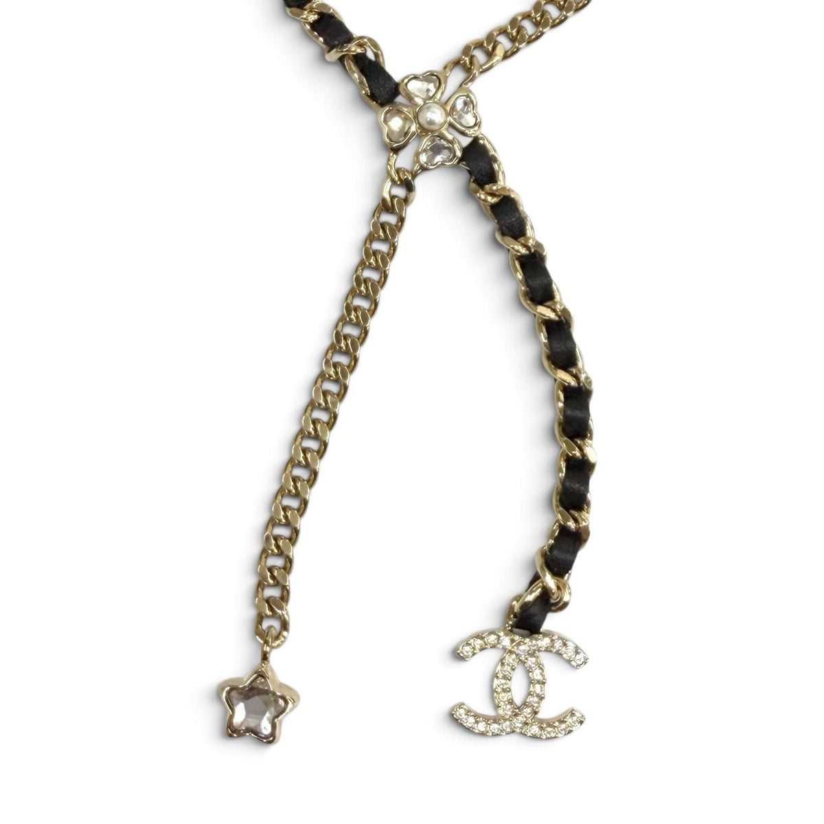 Chanel CC Logo Leather Star Clover Chain Necklace Gold Black — view 3