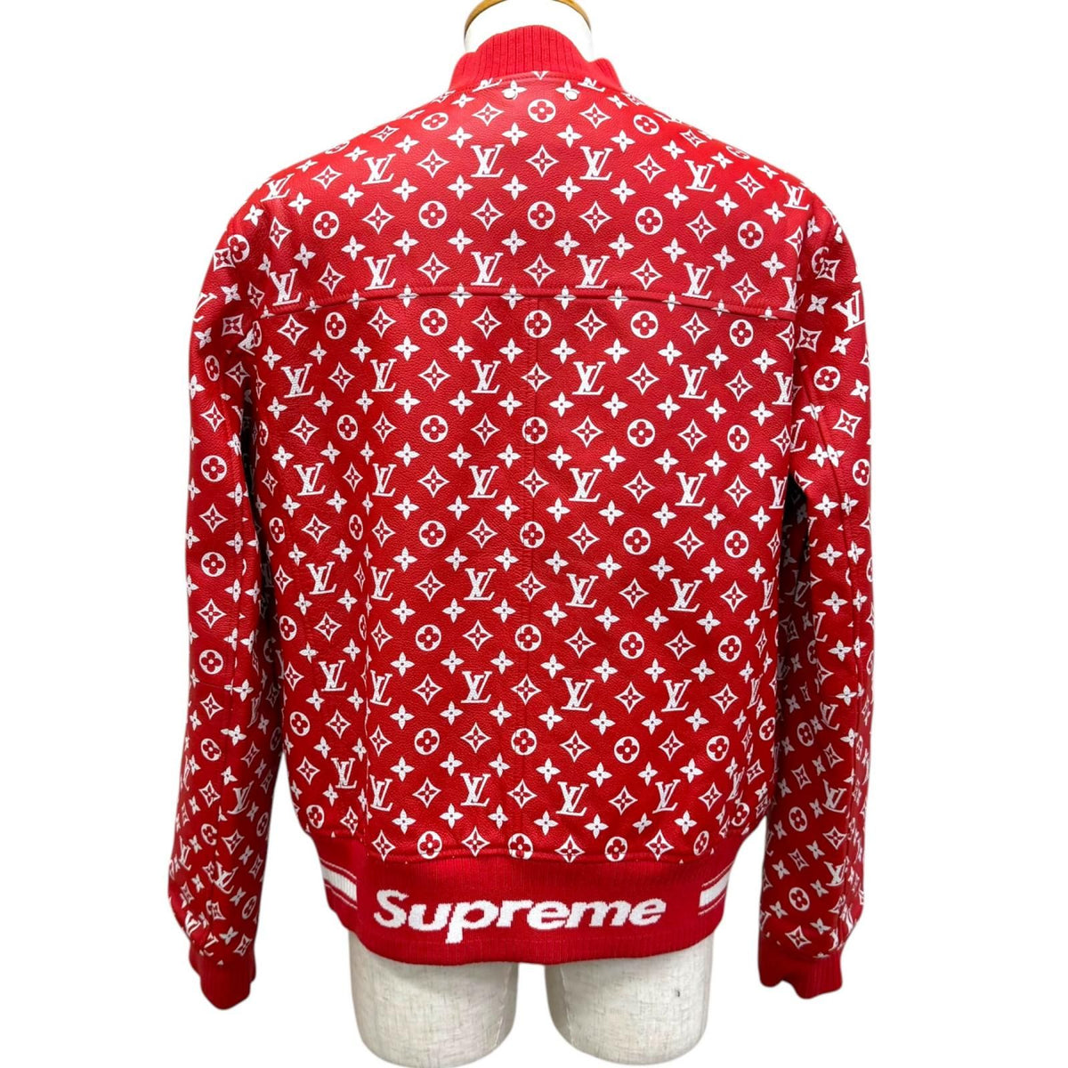 Louis Vuitton Supreme LV Leather Baseball Jacket Goat Monogram Bomber Red White — view 4