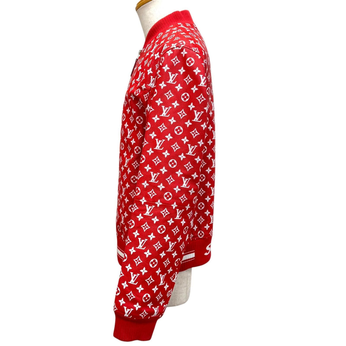 Louis Vuitton Supreme LV Leather Baseball Jacket Goat Monogram Bomber Red White — view 3