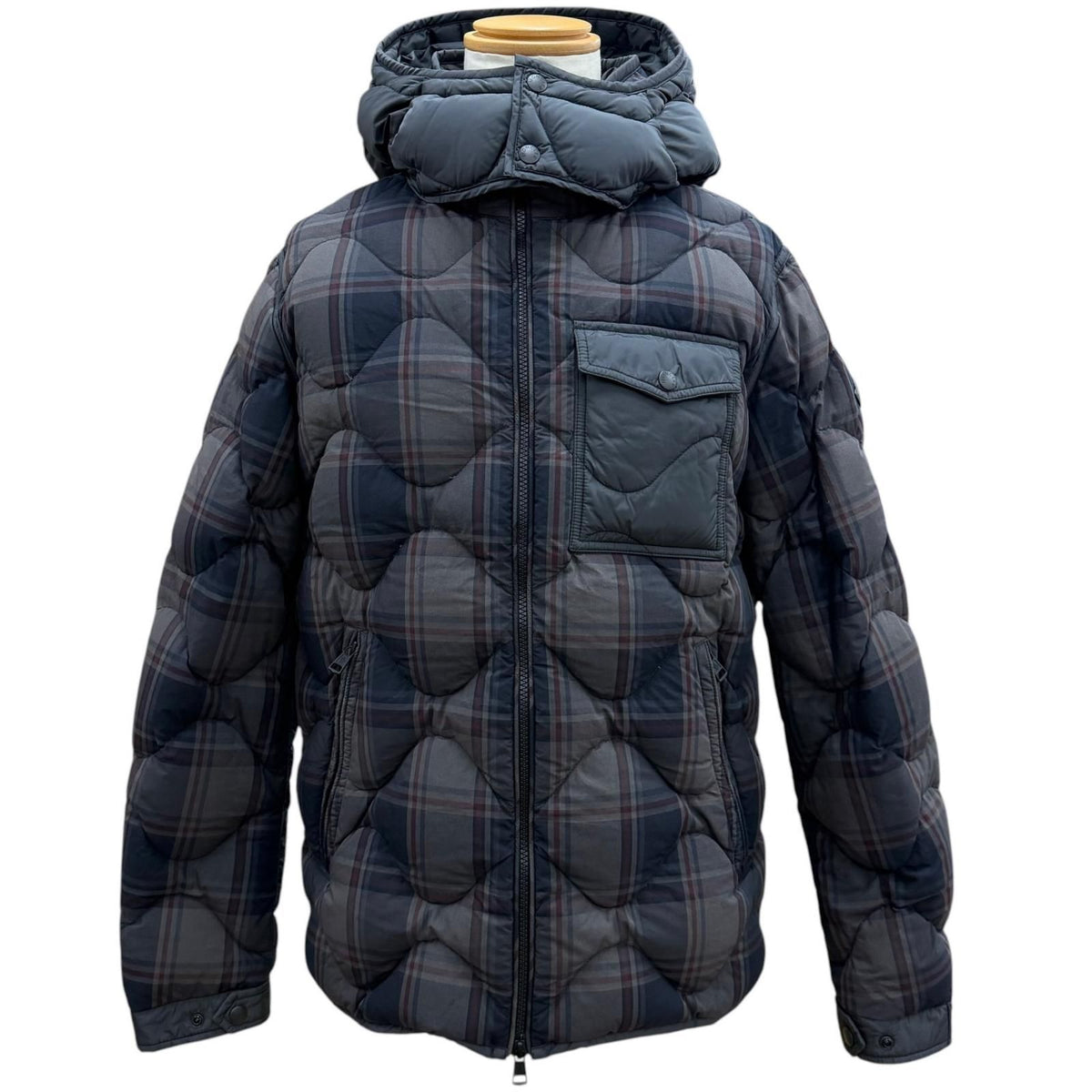 Moncler Gondry Plaid Leather Logo Patch Nylon Trim Hooded Zipup Down Jacket Gray