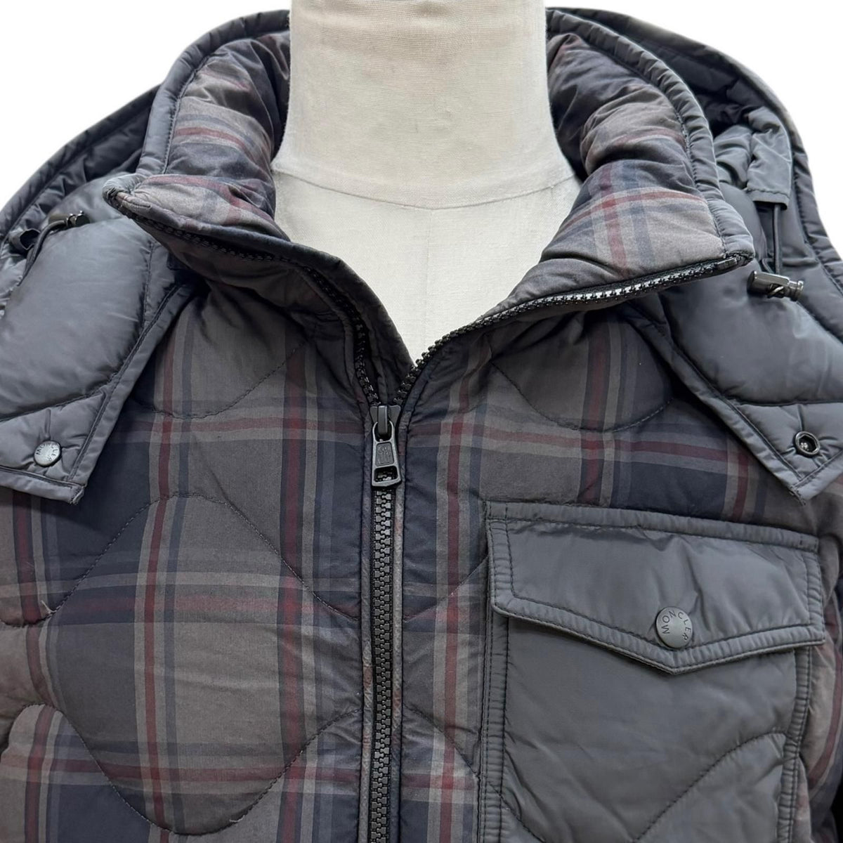 Moncler Gondry Plaid Leather Logo Patch Nylon Trim Hooded Zipup Down Jacket Gray — view 2