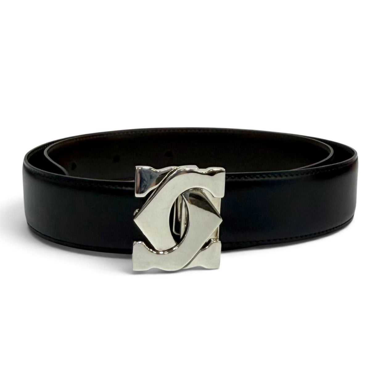 Cartier Reversible 2C Buckle Leather Belt Black Brown Silver