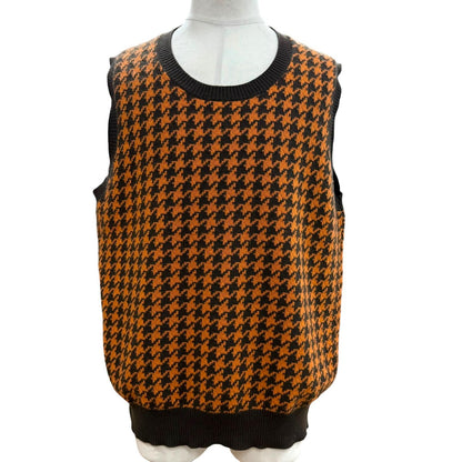 Hermes Wool Cashmere Houndstooth Knit Gilet Vest Orange Dark Brown XL