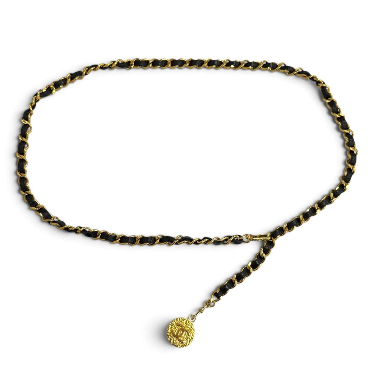 Chanel Vintage CC Logo Medal Motif Leather Chain Belt Gold Black — view 4