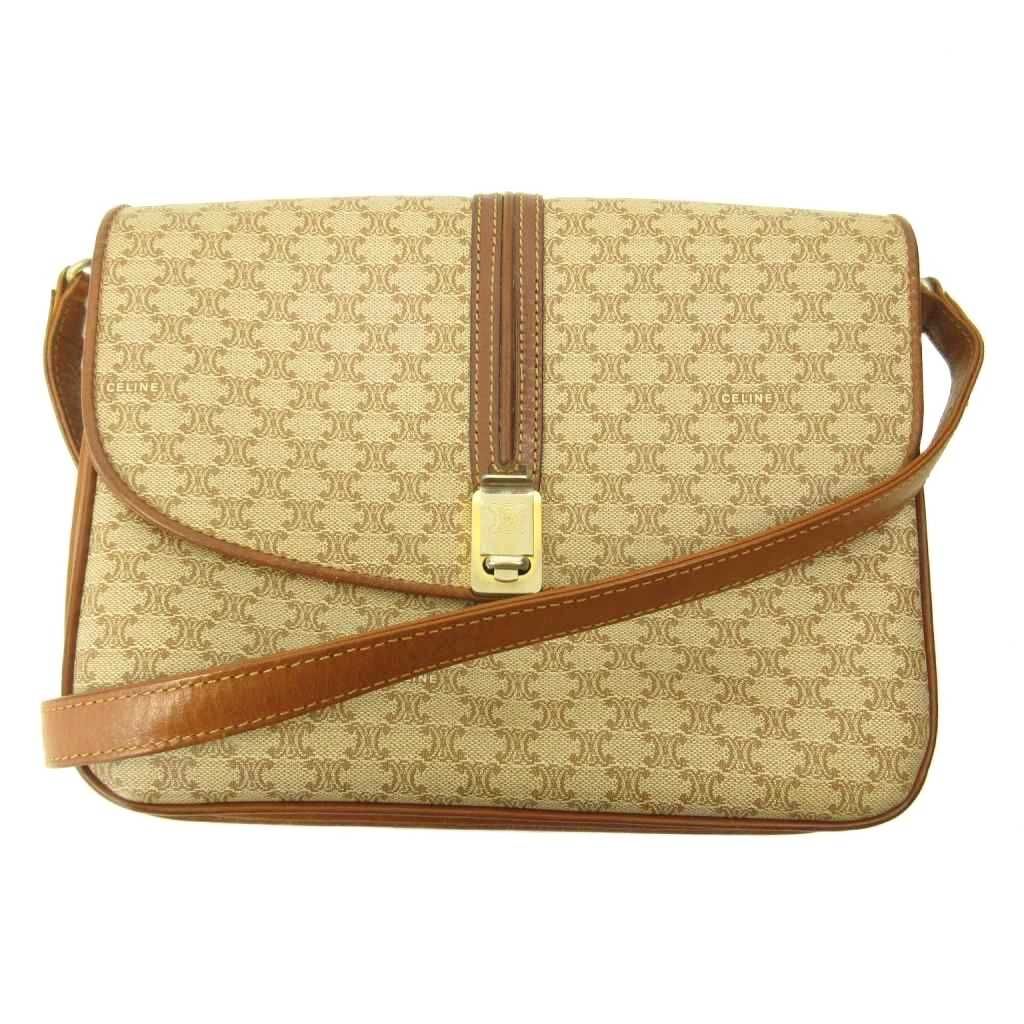 Celine Shoulder Bag Macadam Pattern Leather Brown Beige